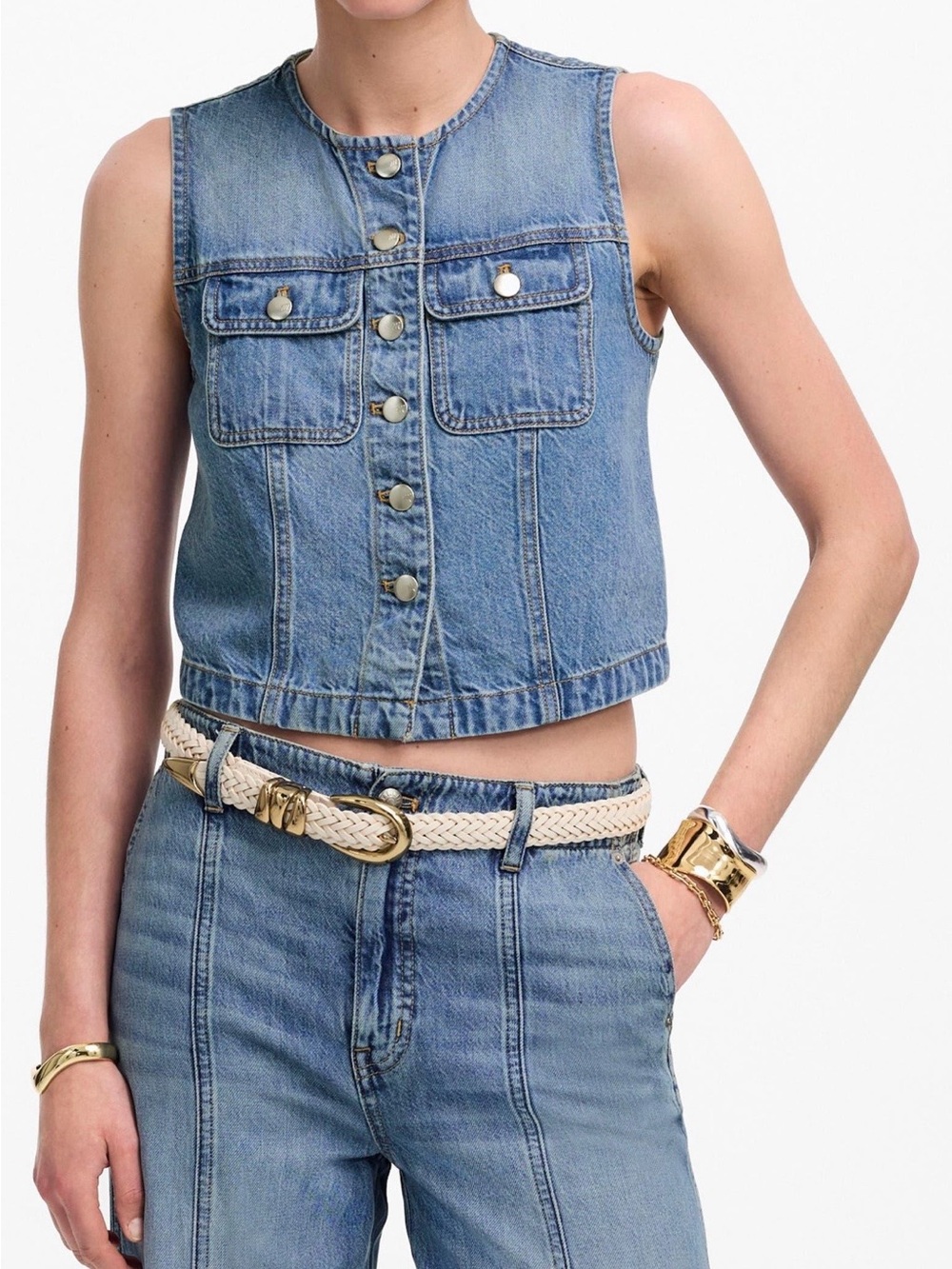 Madewell Cropped Denim Vest Airy Denim Robertson Wash Size M